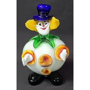Vintage Murano Art Glass Clown Figurine 8.25" Tall, Blue Hat Yellow Hair